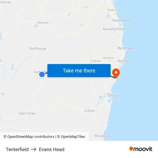 Tenterfield to Evans Head map