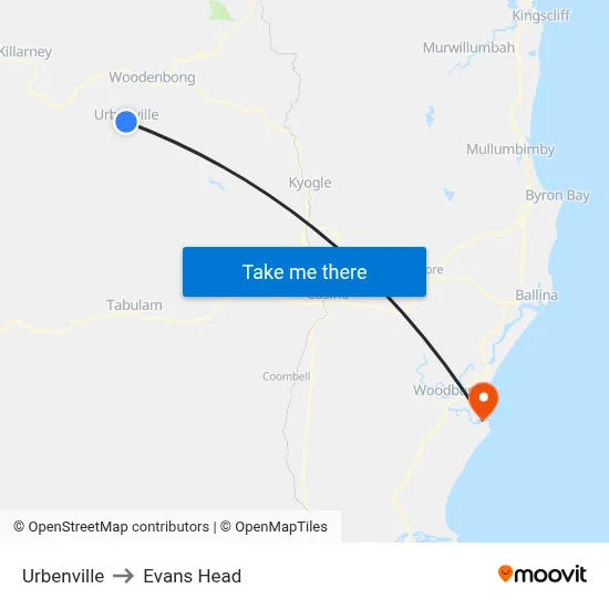 Urbenville to Evans Head map