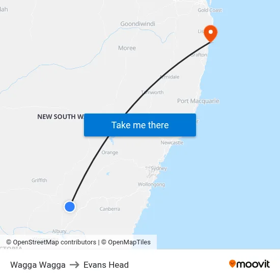 Wagga Wagga to Evans Head map