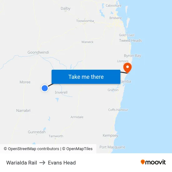 Warialda Rail to Evans Head map