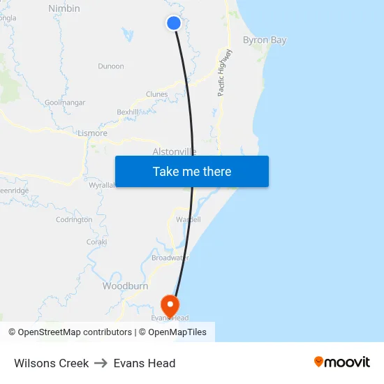 Wilsons Creek to Evans Head map