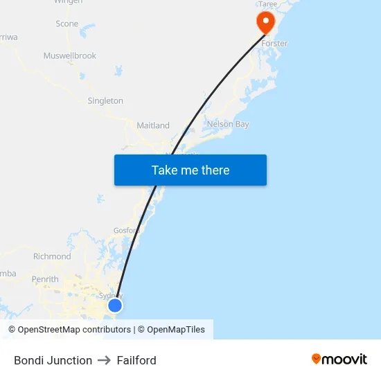 Bondi Junction to Failford map
