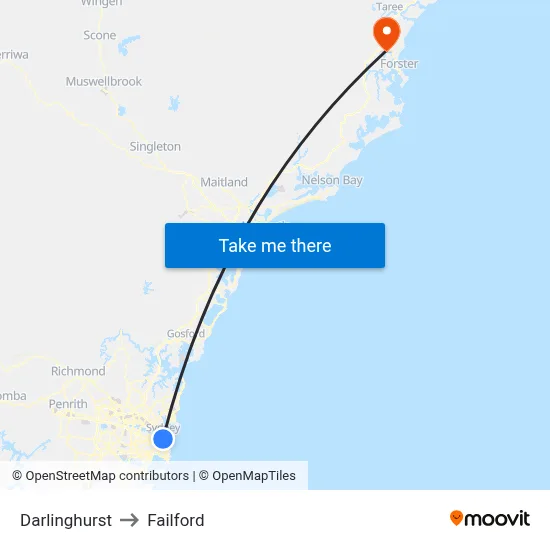 Darlinghurst to Failford map
