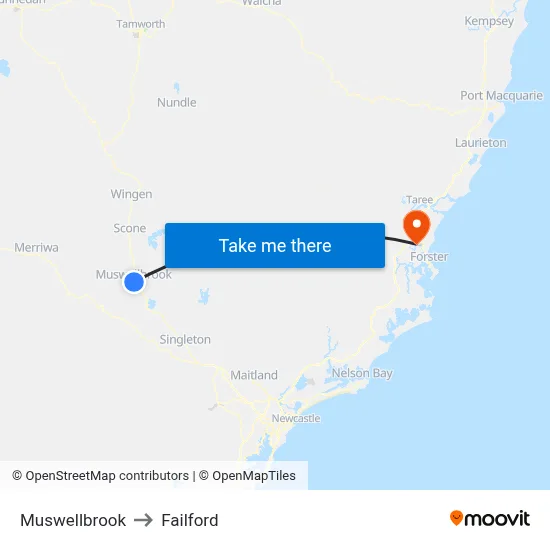 Muswellbrook to Failford map