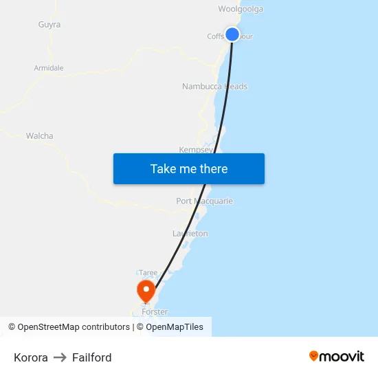 Korora to Failford map