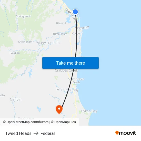Tweed Heads to Federal map
