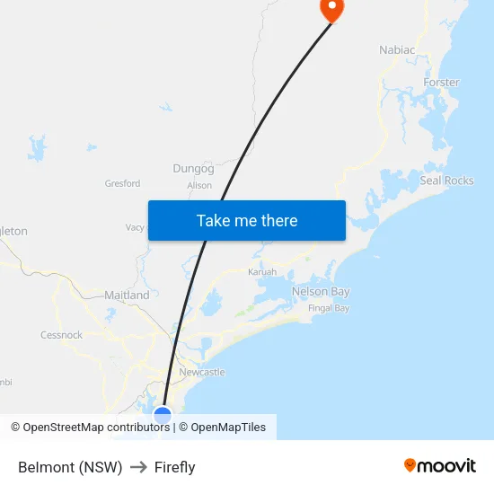 Belmont (NSW) to Firefly map