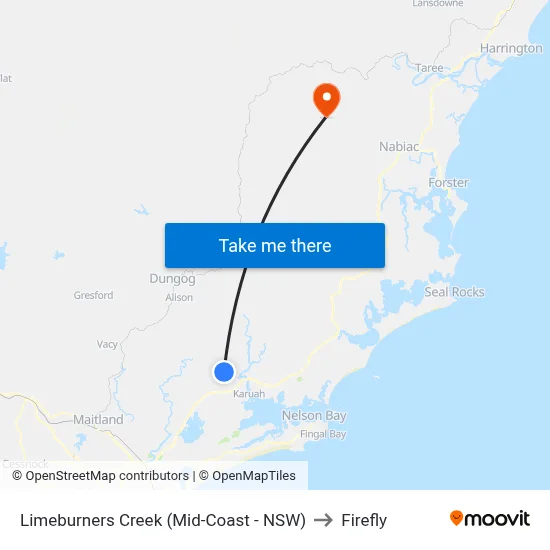 Limeburners Creek (Mid-Coast - NSW) to Firefly map
