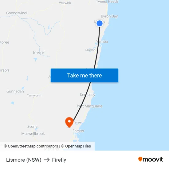 Lismore (NSW) to Firefly map