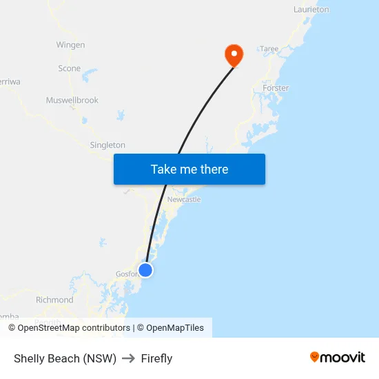 Shelly Beach (NSW) to Firefly map