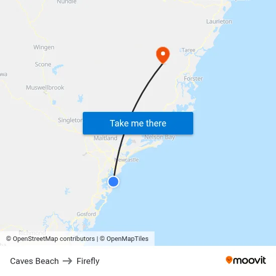 Caves Beach to Firefly map
