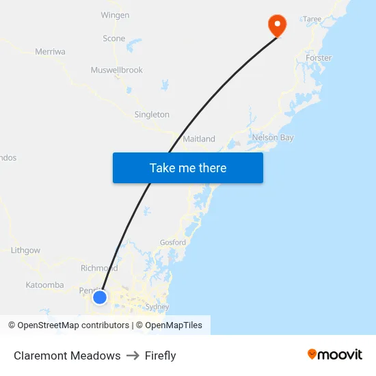 Claremont Meadows to Firefly map