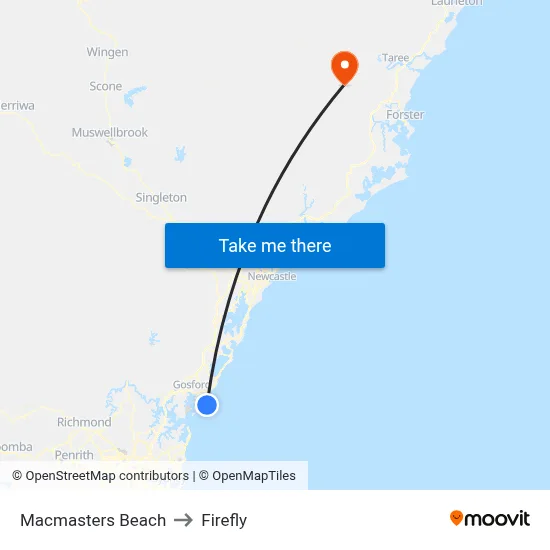 Macmasters Beach to Firefly map