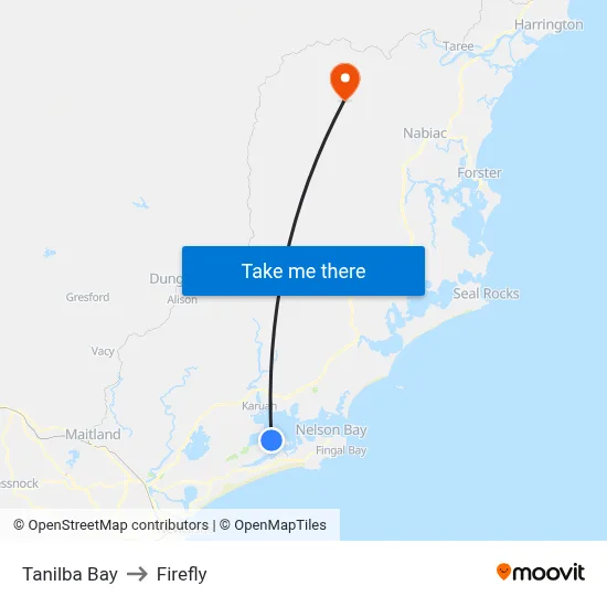 Tanilba Bay to Firefly map