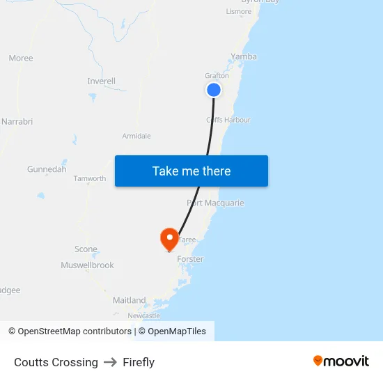 Coutts Crossing to Firefly map