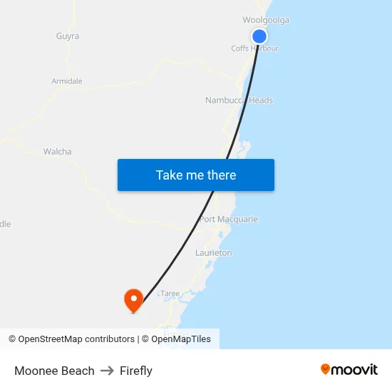 Moonee Beach to Firefly map