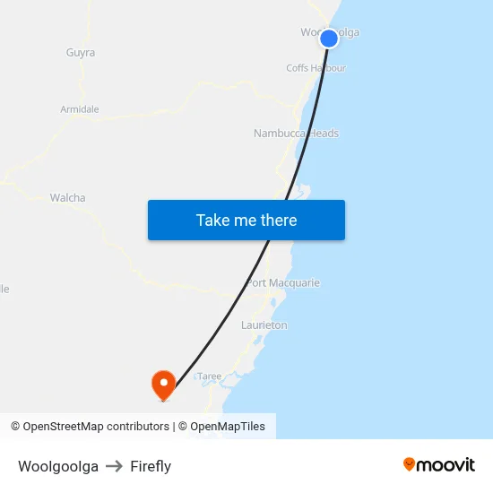 Woolgoolga to Firefly map