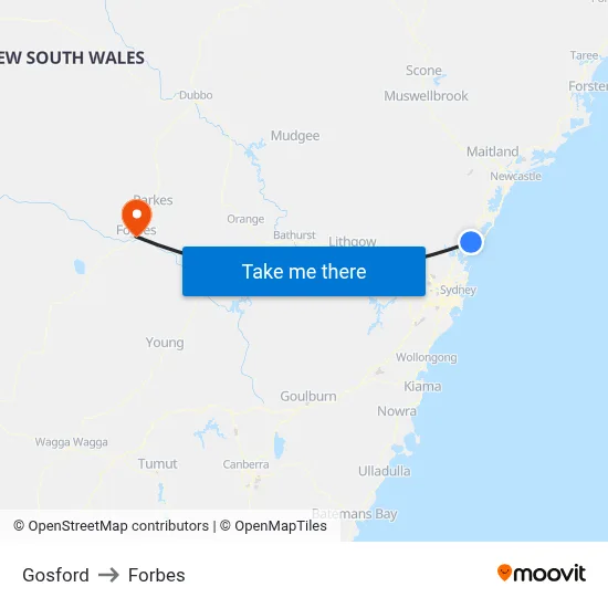 Gosford to Forbes map