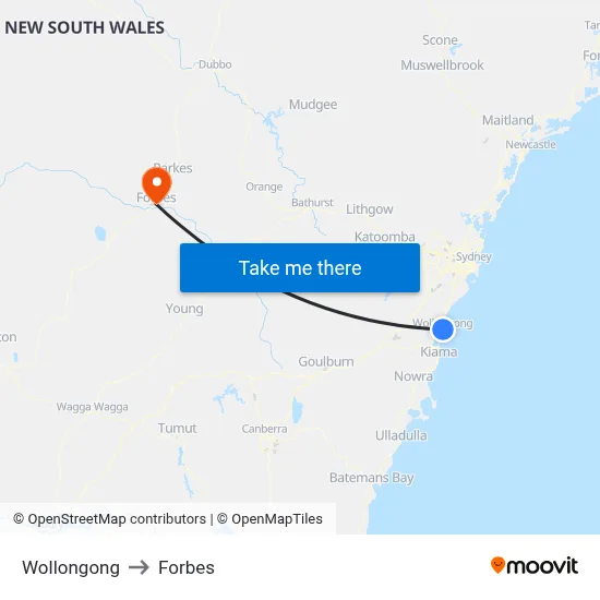 Wollongong to Forbes map