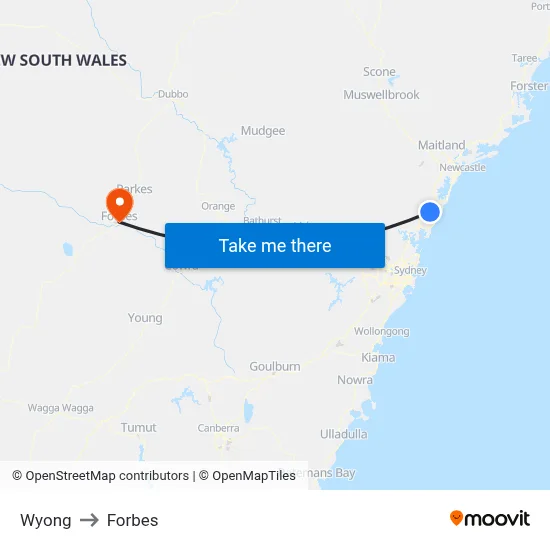 Wyong to Forbes map