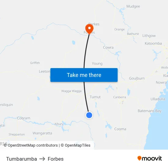 Tumbarumba to Forbes map