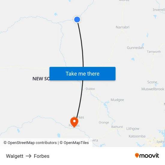 Walgett to Forbes map