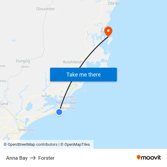 Anna Bay to Forster map