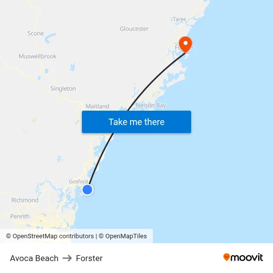 Avoca Beach to Forster map