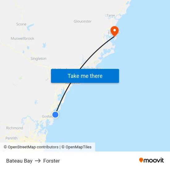 Bateau Bay to Forster map