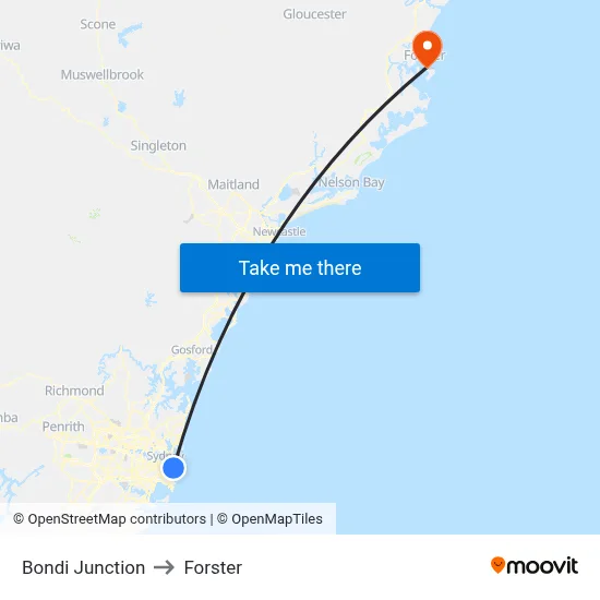 Bondi Junction to Forster map