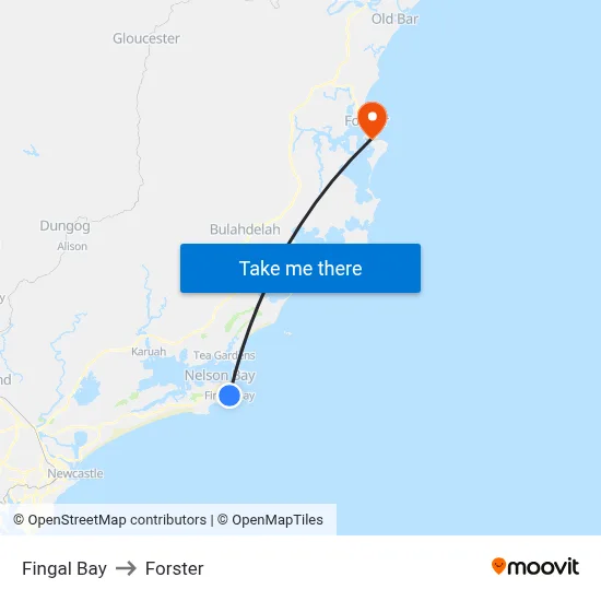 Fingal Bay to Forster map