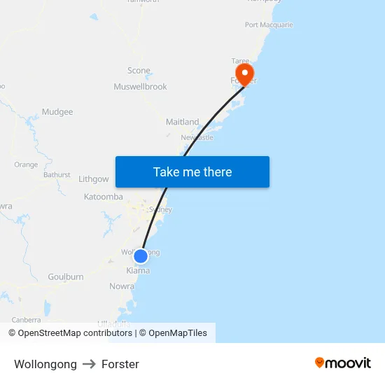 Wollongong to Forster map