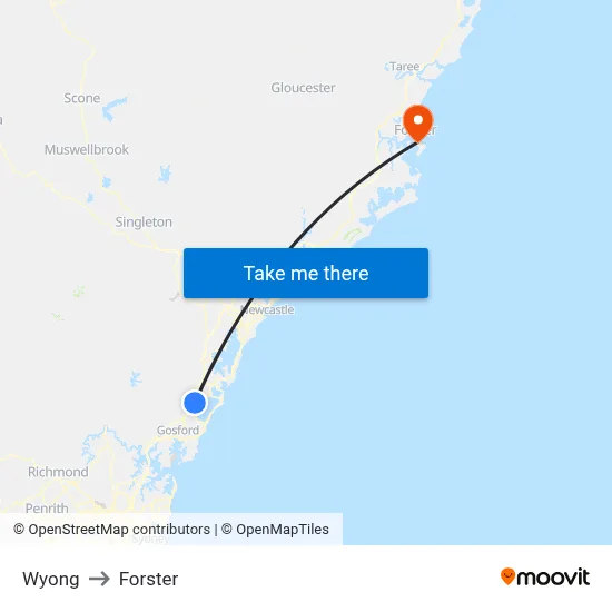 Wyong to Forster map