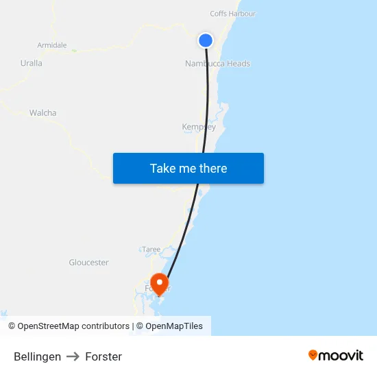 Bellingen to Forster map