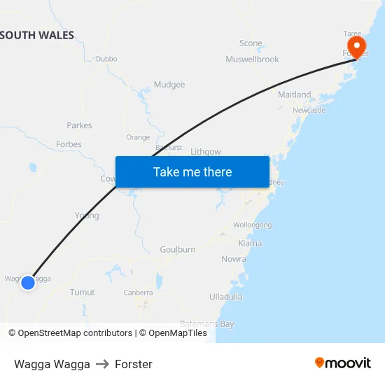 Wagga Wagga to Forster map