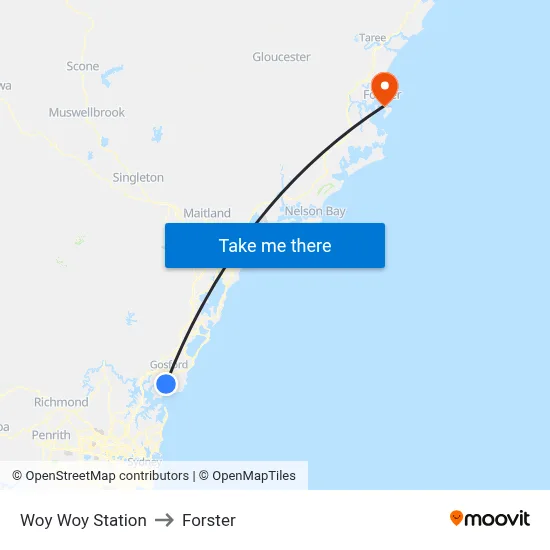Woy Woy Station to Forster map