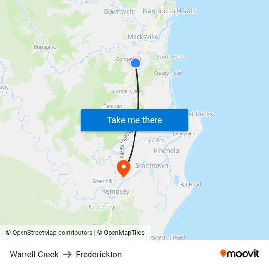 Warrell Creek to Frederickton map