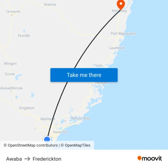 Awaba to Frederickton map