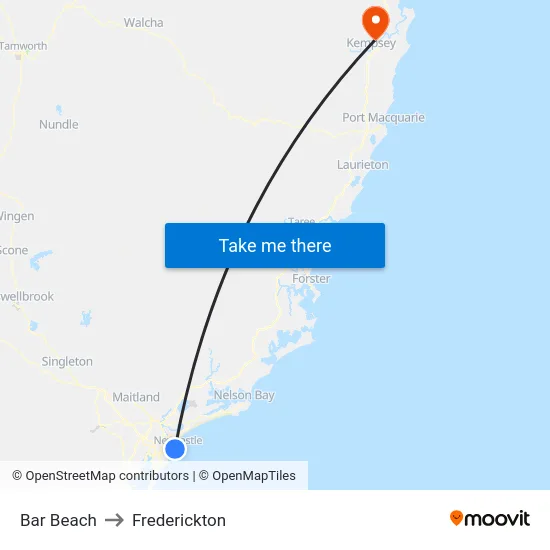 Bar Beach to Frederickton map