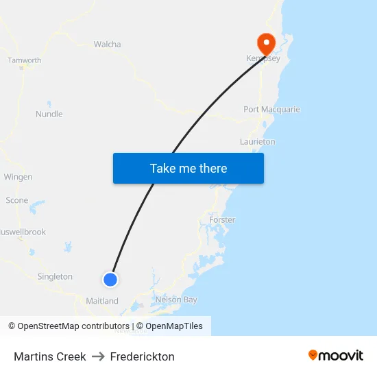 Martins Creek to Frederickton map