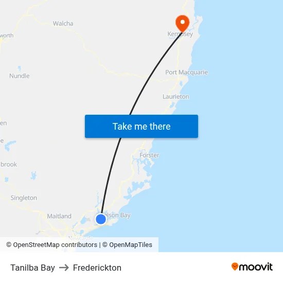 Tanilba Bay to Frederickton map