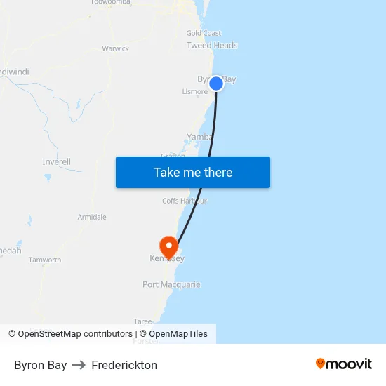 Byron Bay to Frederickton map