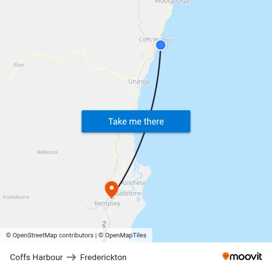 Coffs Harbour to Frederickton map
