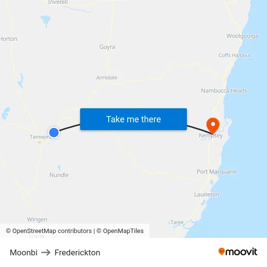 Moonbi to Frederickton map