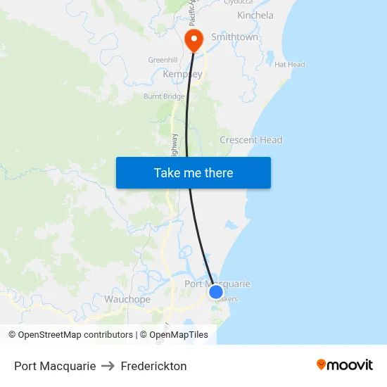 Port Macquarie to Frederickton map