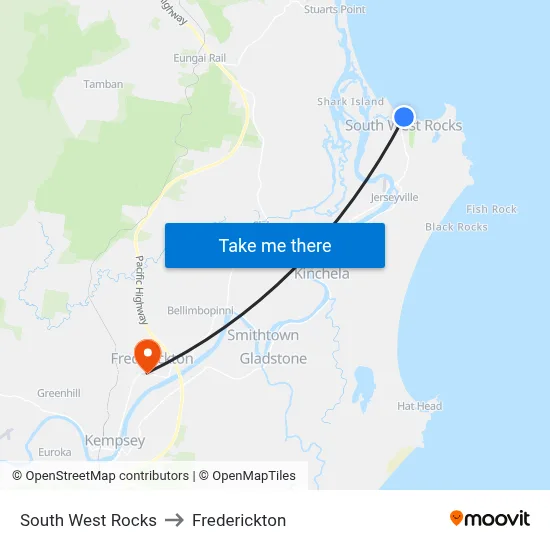 South West Rocks to Frederickton map
