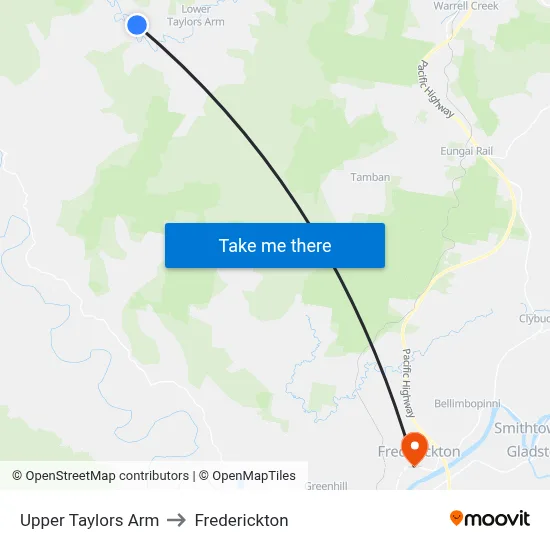 Upper Taylors Arm to Frederickton map