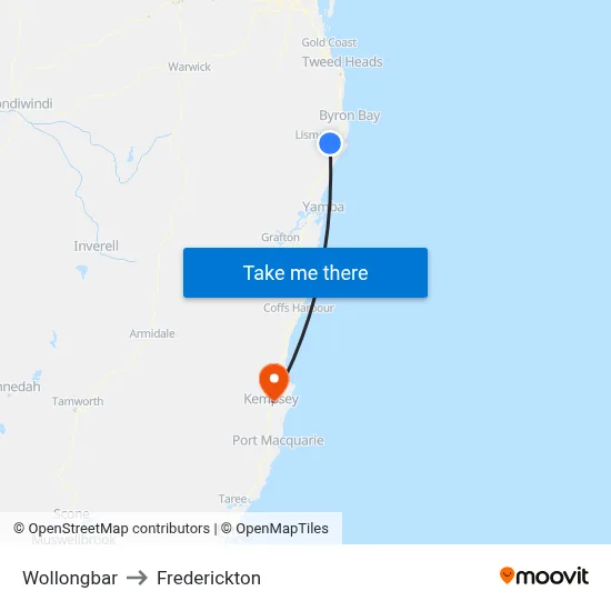 Wollongbar to Frederickton map