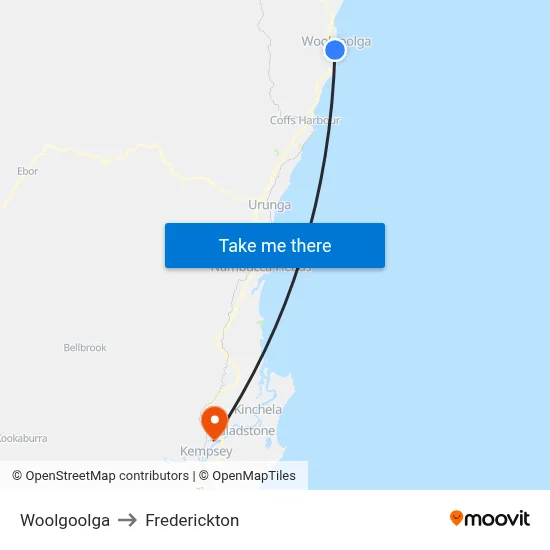Woolgoolga to Frederickton map