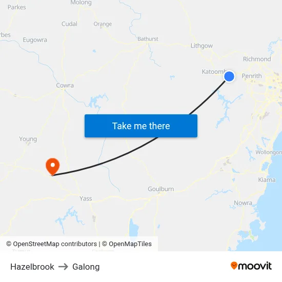 Hazelbrook to Galong map